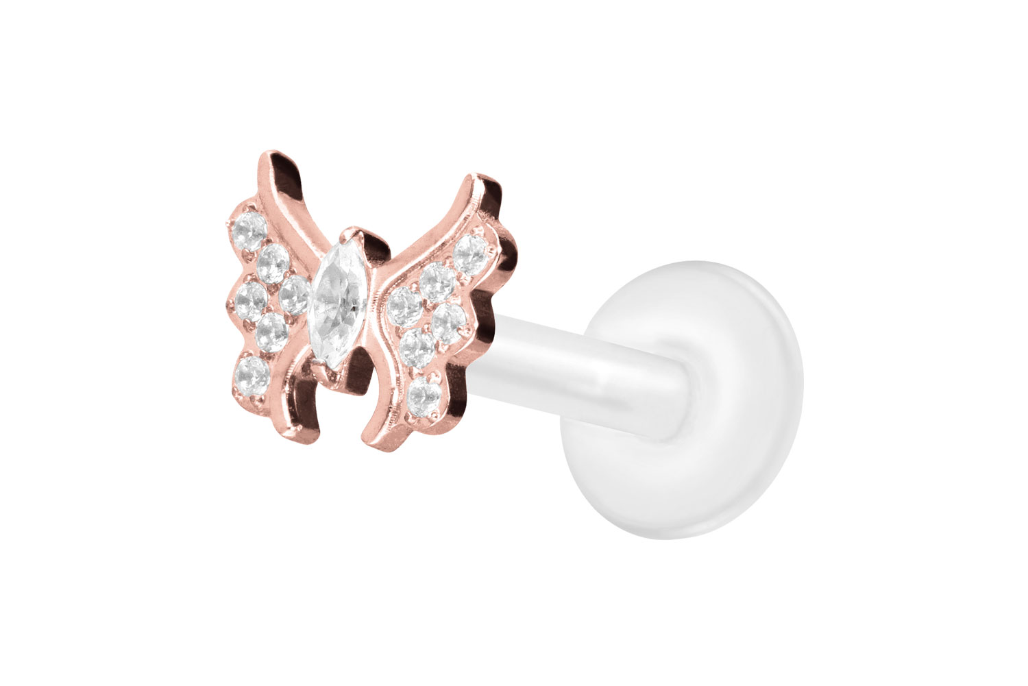 PTFE Labret Piercing mit Innengewinde + Titan-Aufsatz KRISTALLSCHMETTERLING